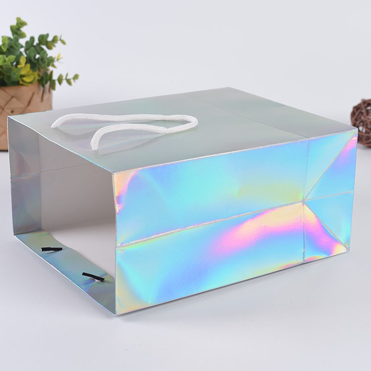 Bolsa de la compra de papel holográfico iridiscente con diseño personalizado de Lipack con su logotipo